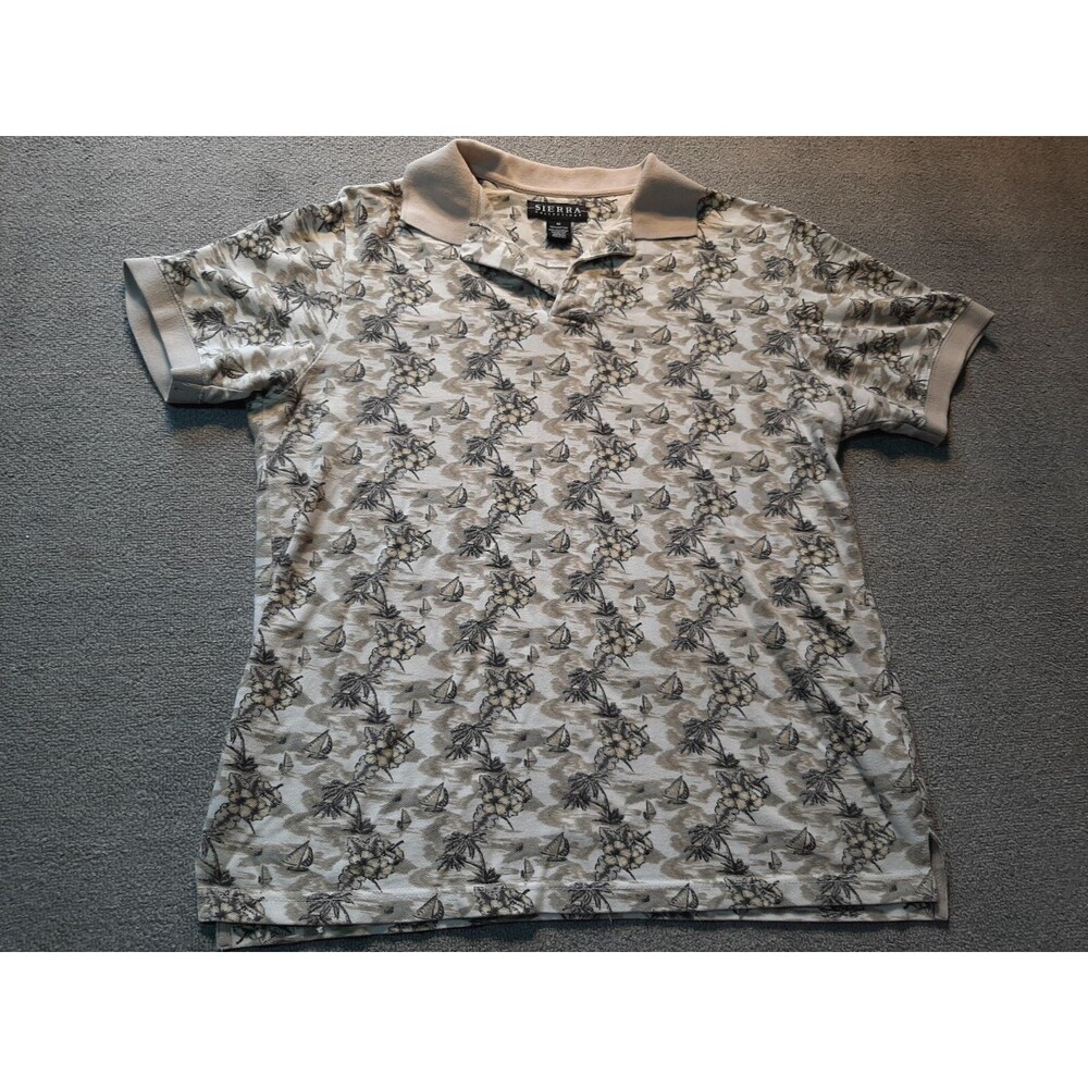 Sierra Polo Shirt Mens Medium M Cotton Tropical Boat Palm Tree Pattern Cotton